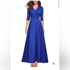 REPHYLLIS V Neck Lace Vintage Formal Bridesmaid Wedding Long Dress Blue Large